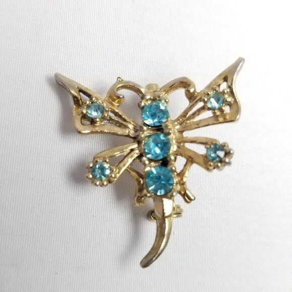 Vintage Little Blue Rhinestone Shaped Brooch, Gold Tone Insect Butterfly Moth - Picture 6 of 6